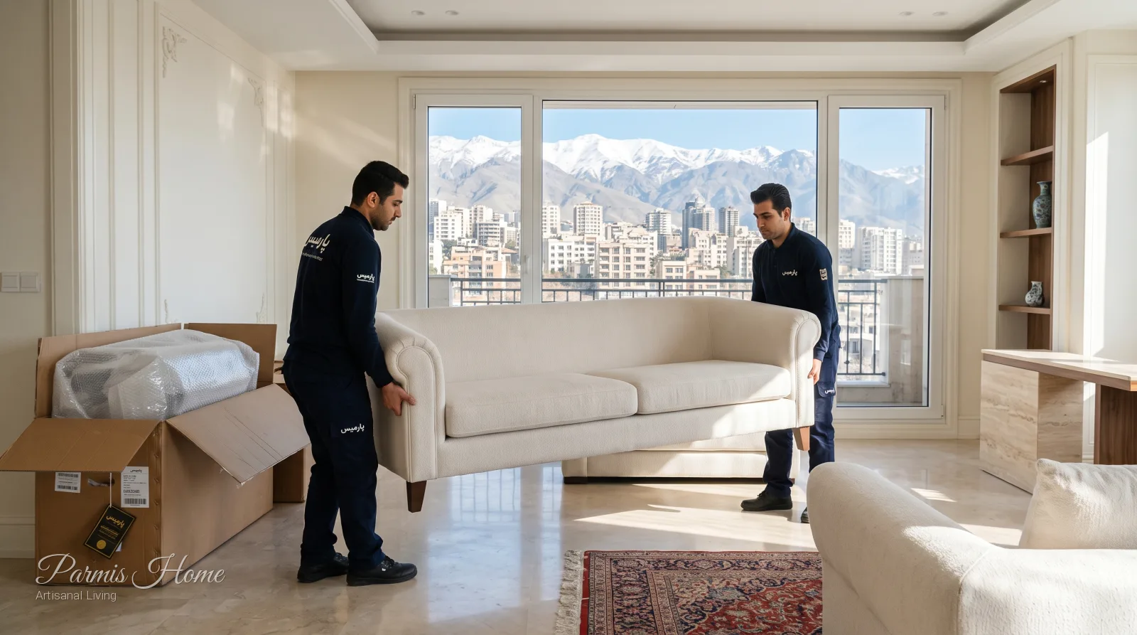 کادر تحویل تخصصی مبلمان پارمیس در حال استقرار مبل جهیزیه با بستهبندی ۵ لایه در تهران